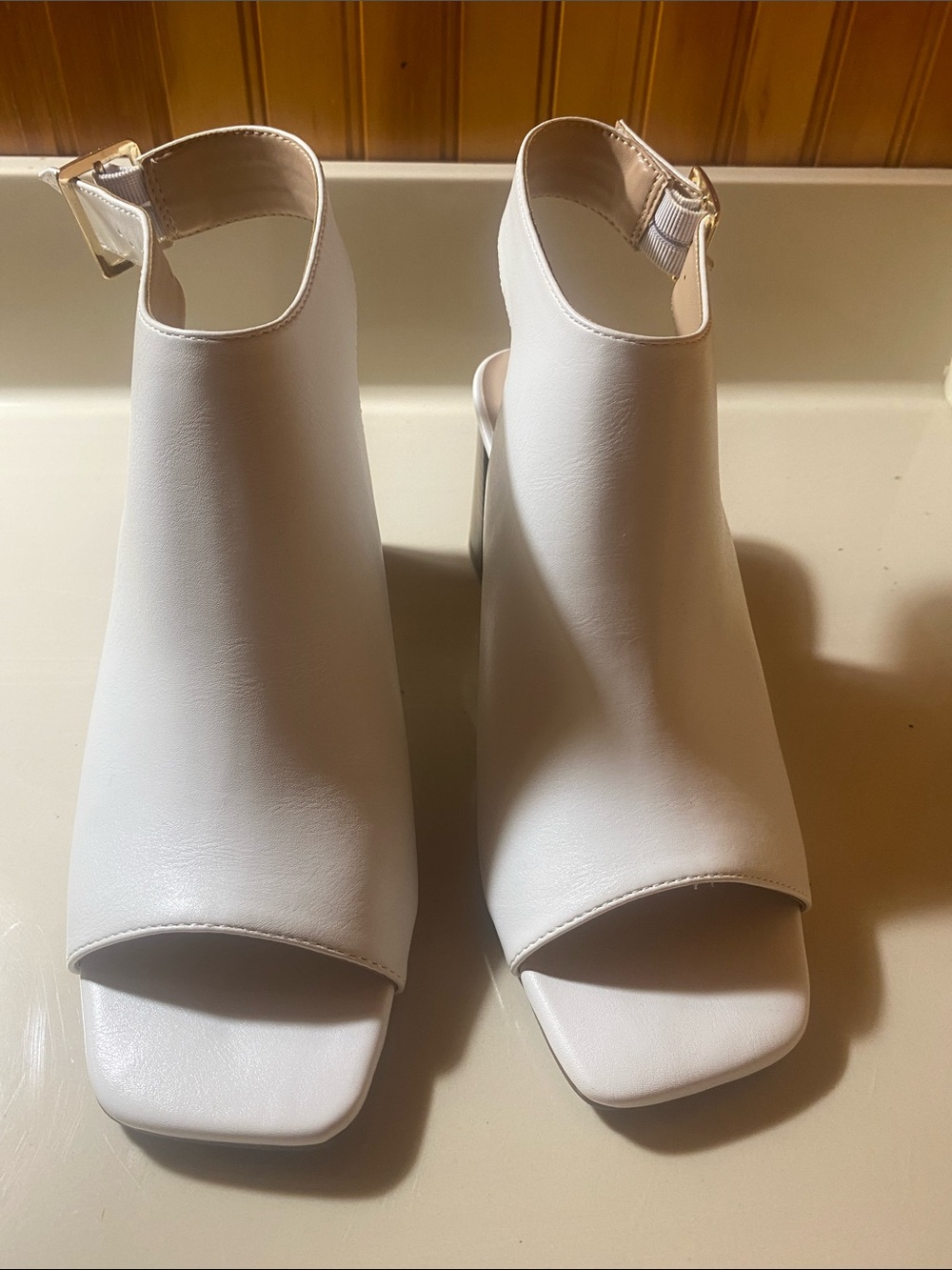crown & ivy White Open-Toe Ankle Bootie Heels with Gold Buckle